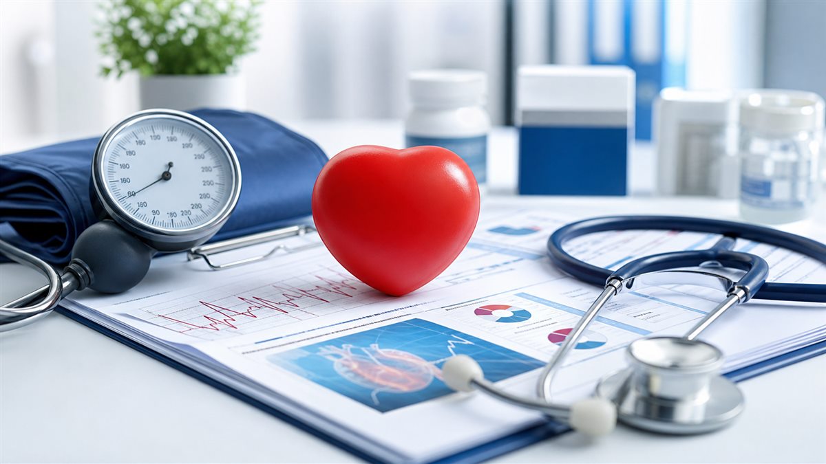 Heart health report with a stethoscope and blood pressure cuff on a modern clinical desk