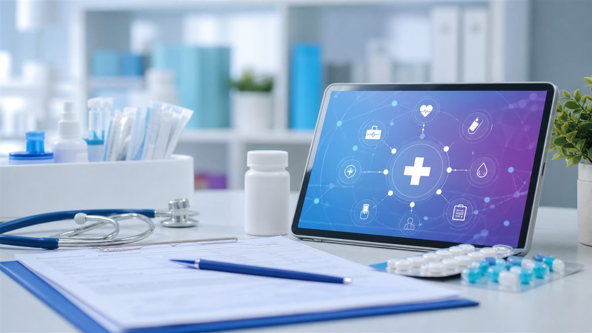Clinical consultation desk with medical supplies and a tablet showing an abstract healthcare network